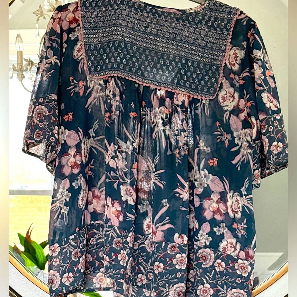 Knox Rose Peasant Bohemian Floral Sheer Top Large - Picture 2 of 8